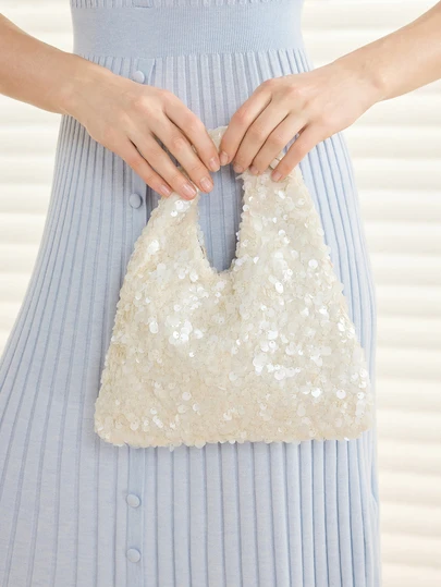 Clariva 1 件高品质象牙色亮片闪亮简约小手提包，优雅女士晚宴手拿包，适合约会、舞会、宴会、派对