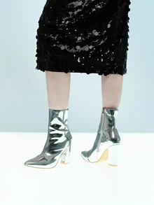 Rollcall 2025秋冬新款时尚尖头粗跟金属银色性感踝靴，适合女士、派对穿着 - 銀色 - 查看 5