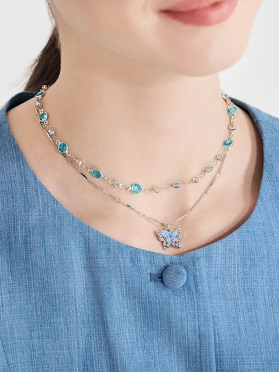 Clariva 2pcs/Set Blue Crystal Butterfly Necklace, Women/Girls Double Layer Choker Necklace Jewelry Gift