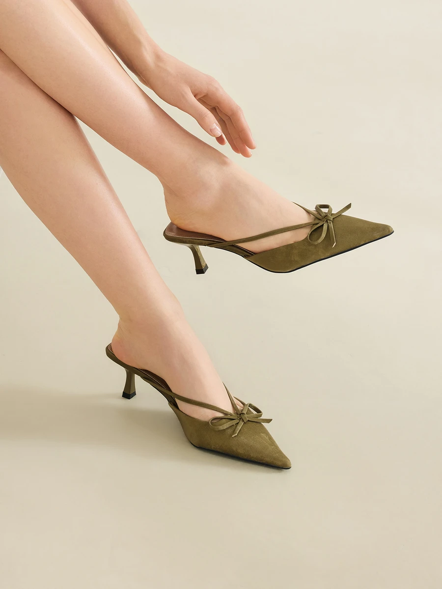 Clariva European And American Style Mule Shoes, Women Pointed Toe Bowknot Slip-On Sandals, Low Vamp Trim High Heels, Autumn Valentines - Green - View 1