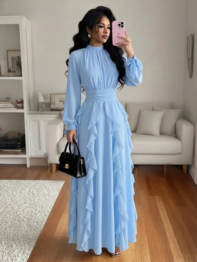 Women's Solid Color Woven Chiffon Ruffle Hem Elegant Stylish Arabic Dress