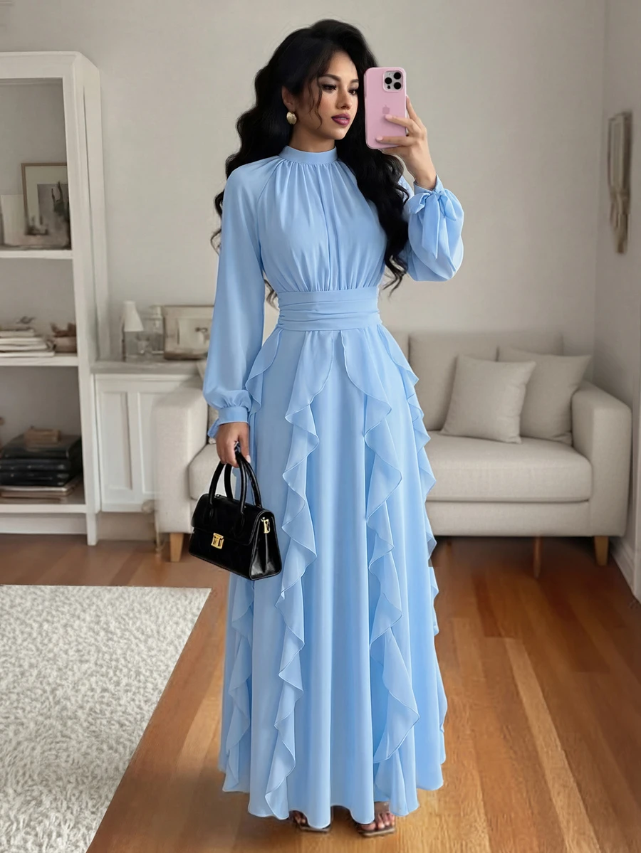 女士纯色梭织雪纺荷叶边下摆优雅时尚阿拉伯连衣裙 春季 - 藍色 - 查看 1
