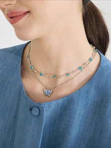 Clariva 2件套蓝色水晶蝴蝶项链，女士/女孩双层颈链首饰礼品 - 藍色 - 查看 4