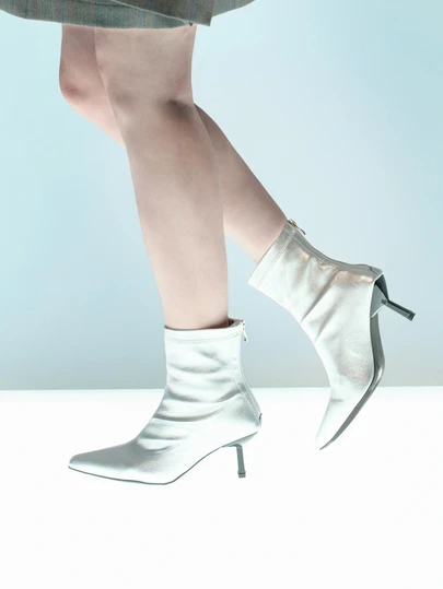 Rollcall Fall/Winter 2025 Women's Silver Patent Leather Ankle Boots & Booties, 7cm High Heels, Elastic Slim Shaft Comfortable Fashion Boots, High Heel Pumps,Kitten Heels,Party Outfits