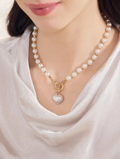 Clariva Faux Pearl Decor Heart Charm OT Buckle Necklace Valentines,Mom,Mother,Mother's Day,Gift