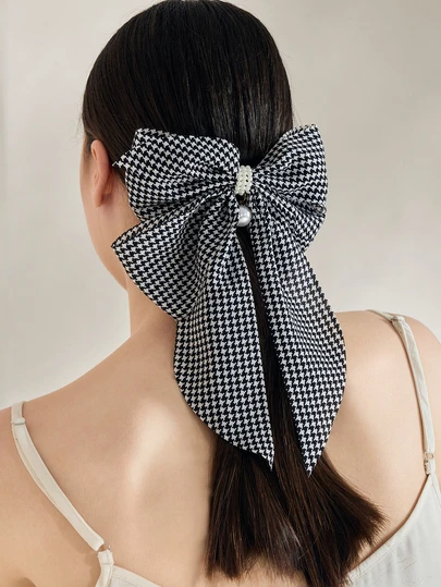 Clariva 1 Pc Women Houndstooth Faux Pearl Bow Spring Clip, Suitable For Date, Holiday, And Everyday Wear Hair Clips Claw Clips Hair Claws Hair Slide Hair Barrettes, School Stuff, Elegant, College, Faux Pearl Hair Accessories, Bows, Cute