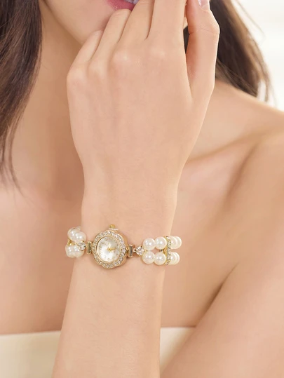 Clariva 1 件女士双链珍珠弹性水晶镶嵌合金外壳阿拉伯数字表盘休闲石英手表