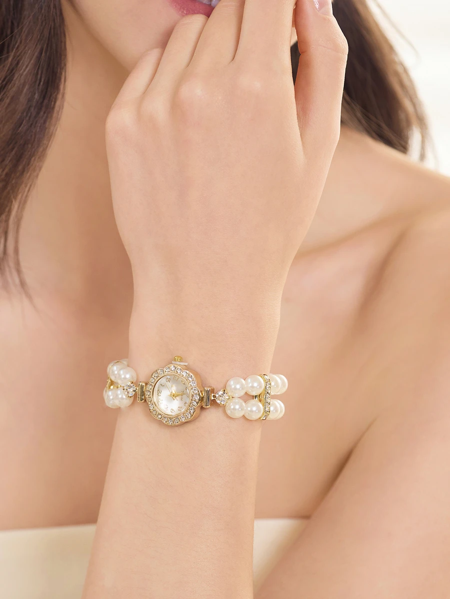 Clariva 1pc Women's Double Strand Pearl Elastic Crystal Inlaid Alloy Casing Arabic Numeral Dial Casual Quartz Watch - Gold - View 1