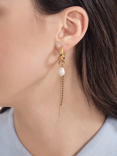 Clariva 2pcs Non-Symmetric Faux Pearl & Zirconia Octagonal Star Chain Stainless Steel Unique Creative Earrings For Women, European & American Style