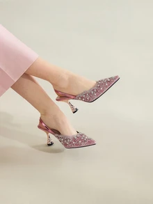 Clariva 秋冬粉色弹力带后跟镶钻女士凉鞋，尖头露跟方跟高跟鞋，独特设计，优雅派对鞋 - 粉色 - 查看 4