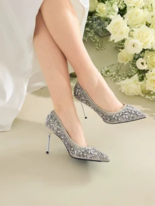Clariva 2025 新款仿珍珠和水钻尖头高跟鞋，女士银色细高跟鞋，新娘伴娘婚礼派对鞋，秋季 - 銀色 - 查看 2
