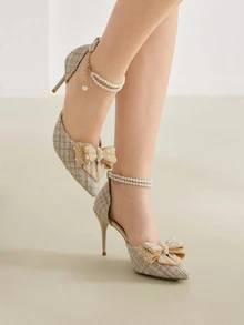 Clariva 2025春夏新款尖头高跟鞋，饰有水钻、蝴蝶结和透明仙女带，法式凉鞋，优雅女士高跟鞋，适合派对、婚礼等场合。 - 米黃色 - 查看 1