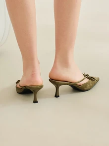Clariva European And American Style Mule Shoes, Women Pointed Toe Bowknot Slip-On Sandals, Low Vamp Trim High Heels, Autumn Valentines - Green - View 5