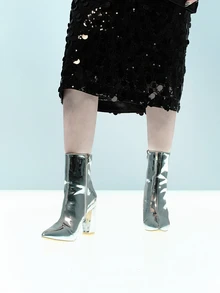 Rollcall 2025秋冬新款时尚尖头粗跟金属银色性感踝靴，适合女士、派对穿着 - 銀色 - 查看 1