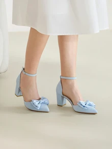 Clariva Tacones altos de mujer con hebilla de gamuza negra con lazo de moda, elegantes, para fiestas, Otoño/Invierno 2025 - Celeste - Ver 3