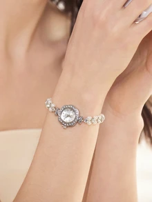 Clariva 1pc Women's Fashion Quartz Watch With Double Pearl-Studded Adjustable Retractable Chain, Alloy Case, Arabic Numeral Dial, Elegant Design For Ladies Student - Silver - View 1