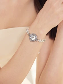 Clariva 1pc Women's Fashion Quartz Watch With Double Pearl-Studded Adjustable Retractable Chain, Alloy Case, Arabic Numeral Dial, Elegant Design For Ladies Student - Silver - View 4