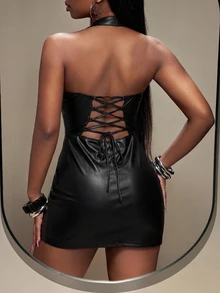 Women's Sexy Fashion New Black PU Leather Deep V Hollow Out Design Bodycon Mini Dress, Backless Tie Up Clubwear Party Dress, Tight Revealing Spaghetti Strap Dress - Black - View 2