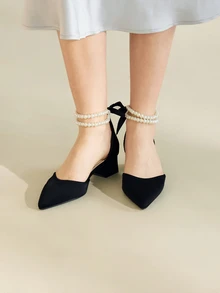 Clariva Fall/Winter 2025 New Fashion Women Black High Heels, Thick Heel, Pointed Toe Sandals, Mid-Heel Pumps, Summer Shoes, Mary Janes,Elegant,Elegant,Party Outfits - Black - View 3