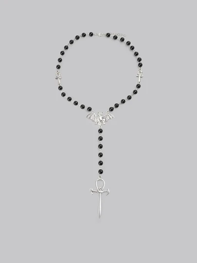 DareSee 1pc Fashionable Personalized Metal Resin Multicolor Geometric Bat Cross Sword Beaded Pendant Necklace, Suitable For Party, Daily Wear, Halloween, Jewelry, Costume Accessories