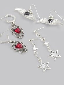 DareSee 6 Pairs Gothic Dark Studded Dripping Oil Five-Pointed Star, Bat, Heart Rose, Guitar, Key, Starfish, Crow, Skull Fashionable Luxury Design Earrings Set - Multicolor - View 1