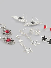 DareSee 6 Pairs Gothic Dark Studded Dripping Oil Five-Pointed Star, Bat, Heart Rose, Guitar, Key, Starfish, Crow, Skull Fashionable Luxury Design Earrings Set - Multicolor - View 5