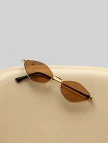 NobleVue 1 件装金属菱形复古小框多边形时尚眼镜，男女通用嘻哈街头风格 - 茶色 - 查看 2