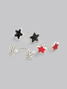 DareSee 6 Pairs Gothic Dark Studded Dripping Oil Five-Pointed Star, Bat, Heart Rose, Guitar, Key, Starfish, Crow, Skull Fashionable Luxury Design Earrings Set - Multicolor - View 2