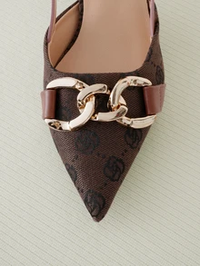 Clariva Zapatos de tacón alto con punta cuadrada y decoración de cadena, elegantes tacones de aguja marrones para primavera, otoño, fiestas al aire viajes diarios, elegantes - Café integral - Ver 4