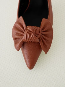 Clariva Fall/Winter 2025 Bowknot Chunky Heel Pumps Women Pointed Low Vamp Hollow Out Sandals, Elegant, Kitten Heels - Brown - View 2