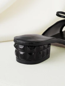 Clariva 夏季新款软皮方头凉鞋，网眼透气蝴蝶结粗跟凉鞋，百搭厚底拖鞋，女士黑色高跟鞋 - 黑色 - 查看 2