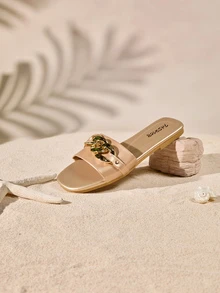 Tropiscape Sandalias de mujer con detalles de cadena en color dorado, cómodas y elegantes para uso en interiores y exteriores, estilo Cottagecore, atuendo de verano - Champán - Ver 4