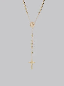 DareSee Stainless Steel Necklace For Women, Religious Christian Virgin Mary & Jesus Cross Pendant With Long Beaded Chain, Fashion Jewelry - Gold - View 4