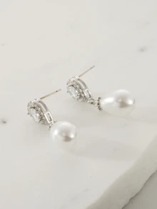 Clariva 1 Pair Elegant Cubic Zirconia & Pearl Teardrop Earrings, Luxury Jewelry Earrings For Women - Silver - View 2