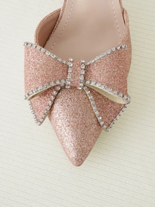 Clariva 女士时尚粗跟单扣水钻蝴蝶结婚礼派对尖头高跟鞋，舒适性感，春秋季，优雅，女士高跟鞋，优雅 - 玫瑰金 - 查看 4