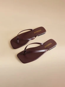 Glizzene New Spring/Summer Women's Chocolate Brown Thong Sandals, Square Toe Flat Slip-On, Fashionable Casual Slippers Wedding Wedding - Chocolate Brown - View 4