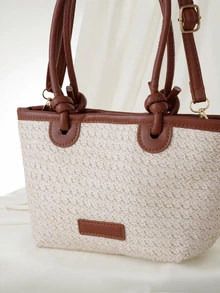 Clariva 2024新款女士编织肩背包，大容量海滩度假包，手提上班族女包 - 米色 - 查看 3