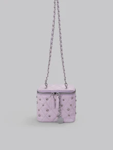 DareSee 2025年新品小众优质化妆盒包，迷你口红包，女士迷你时尚手提包和单肩包，闪亮盒式手拿包 - 粉色 - 查看 1