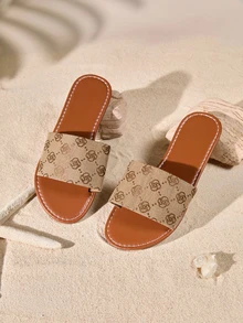 Tropiscape Women's Flower Pattern Slide Sandals, Casual Open Toe Summer Shoes, Lightweight Slide Sandals - Brown - View 1