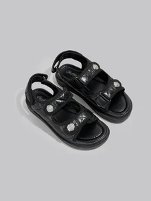 DareSee 优雅女士休闲钩环凉鞋，时尚拖鞋，多功能平底水钻沙滩平底鞋 - 黑色 - 查看 1