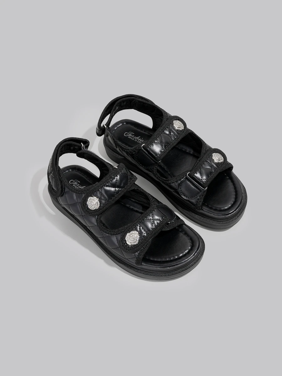 DareSee 优雅女士休闲钩环凉鞋，时尚拖鞋，多功能平底水钻沙滩平底鞋 - 黑色 - 查看 1