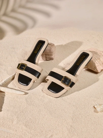 Tropiscape 1 Pair Vacation Style Color Block Slip-On Sandals, Women's Flat Square Toe Beach Slippers, Linen Pattern Slide Sandals, Versatile For Summer