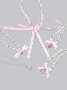 DareSee 5pcs/Set Cute Ballet Style Girl's Necklace, Pink Y2K Style Lovely Bow Tie Women's Necklace Set, Heart Pendant Clavicle Chain, Valentine's Day - Pink - View 2