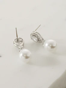 Clariva 1 Pair Elegant Cubic Zirconia & Pearl Teardrop Earrings, Luxury Jewelry Earrings For Women - Silver - View 1