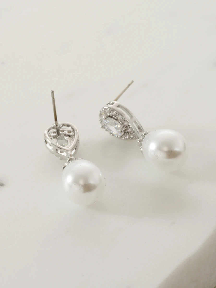 Clariva 1 Pair Elegant Cubic Zirconia & Pearl Teardrop Earrings, Luxury Jewelry Earrings For Women - Silver - View 1