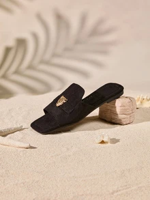 Tropiscape 女士方头豹纹平底一脚蹬凉鞋，时尚夏季新款黑色沙滩鞋，优雅休闲百搭女士平底拖鞋 - 黑色 - 查看 4