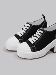 DareSee 女士休闲运动时尚户外高跟系带撞色学院风运动鞋，适合户外、居家、度假、大学、音乐节、海滩等各种场合，四季皆宜（两种鞋底随机发货）音乐节 - 黑色 - 查看 5