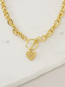 Clariva 1pc Fashion Stainless Steel Heart Initial Pendant Toggle Clasp Chain Necklace Women For Party - Yellow Gold - View 5