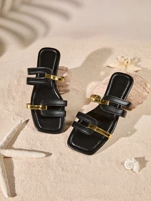 Tropiscape 女士平底凉鞋，露趾方头，时尚休闲风，适合搭配连衣裙、海滩漫步、日常休闲穿着，黑金配色，轻便舒适。 - 黑色 - 查看 1