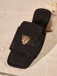 Tropiscape 女士方头豹纹平底一脚蹬凉鞋，时尚夏季新款黑色沙滩鞋，优雅休闲百搭女士平底拖鞋 - 黑色 - 查看 5